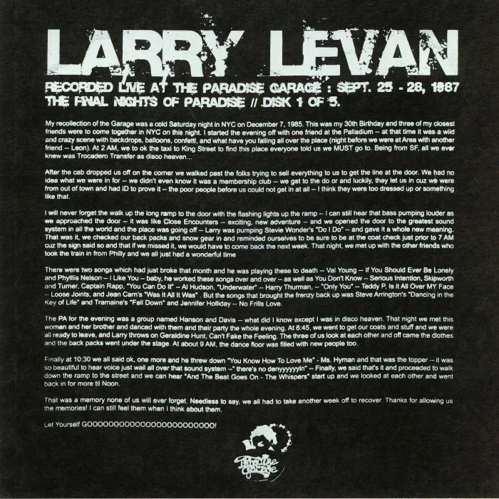 Back cover — Larry LEVAN — The Final Night Of Paradise: Disk 1 Of 5