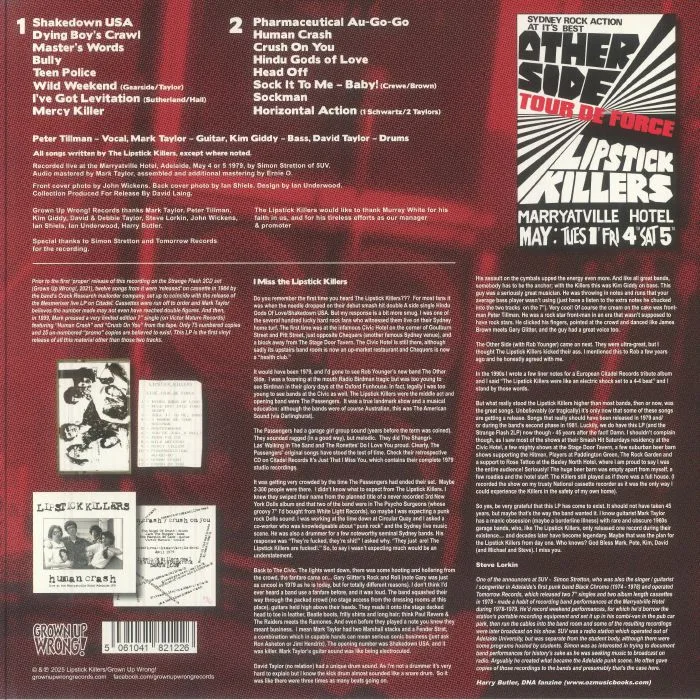 Back cover — LIPSTICK KILLERS — Tour De Force Live In Adelaide 1979