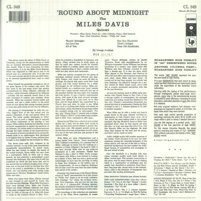 Обратная сторона обложки — Miles DAVIS — Round About Midnight (reissue)
