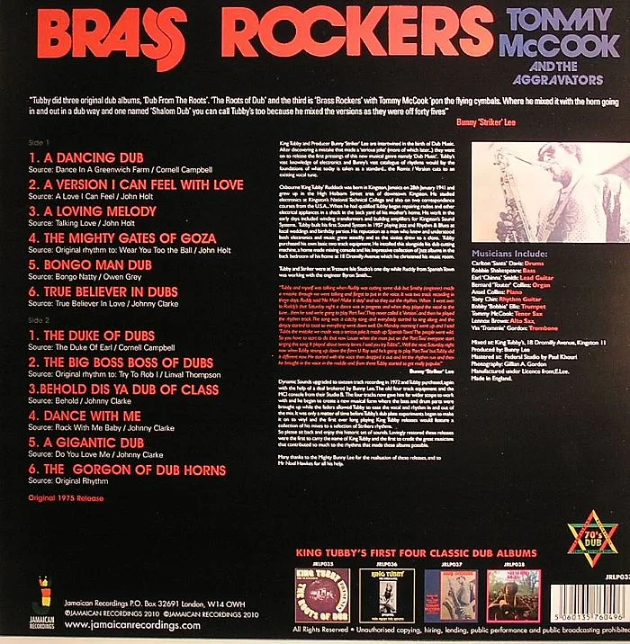 Back cover — Bunny LEE / KING TUBBY present TOMMY McCOOK / THE AGGRAVATORS — Brass Rockers