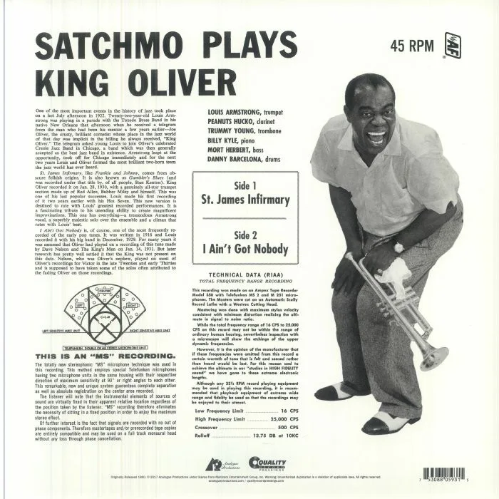 Обратная сторона обложки — Louis ARMSTRONG — Satchmo Plays King Oliver (remastered)