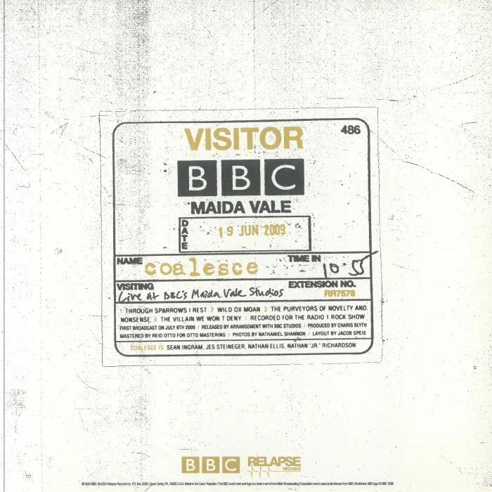 Back cover — COALESCE — Live At BBC's Maida Vale Studios