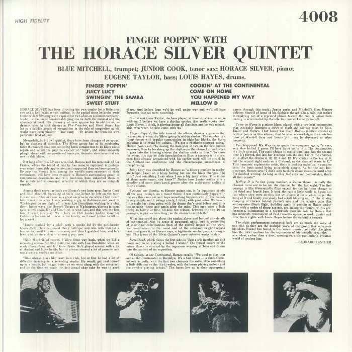 Back cover — The HORACE SILVER QUINTET — Finger Poppin' With The Horace Silver Quintet (reissue)
