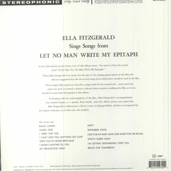 Обратная сторона обложки — Ella FITZGERALD — Let No Man Write My Epitaph (Acoustic Sounds)