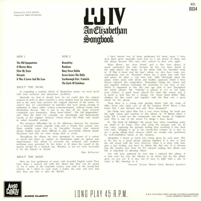 Back cover — LONDON JAZZ FOUR — An Elizabethan Songbook