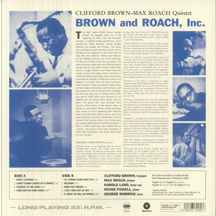 Обратная сторона обложки — BROWN & ROACH INCORPORATED — Brown & Roach Incorporated (reissue)