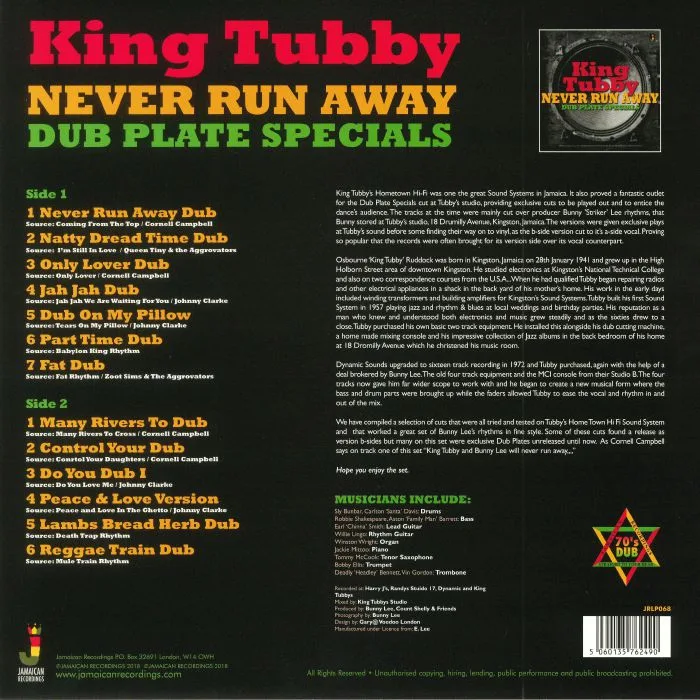 Back cover — KING TUBBY — Never Run Away: Dub Plate Specials