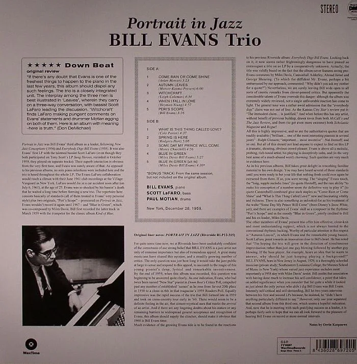 Back cover — BILL EVANS TRIO — Portrait In Jazz (stereo) (remastered)
