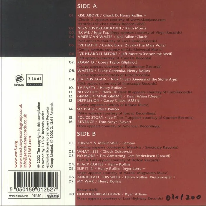 Back cover — ROLLINS BAND / VARIOUS — Rise Above: 24 Black Flag Songs To Benefit The West Memphis Three
