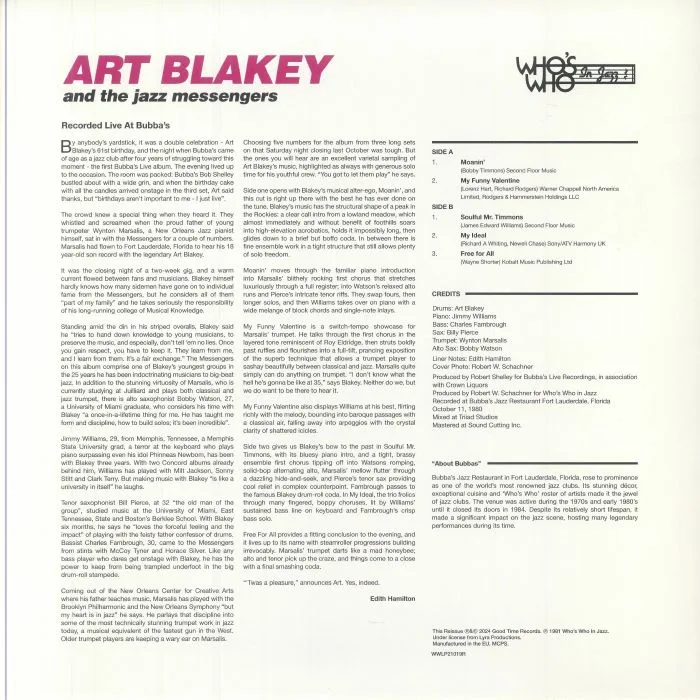 Обратная сторона обложки — Art BLAKEY & THE JAZZ MESSENFERS — Live At Bubba's 1980 (Record Store Day Black Friday RSD 2024)