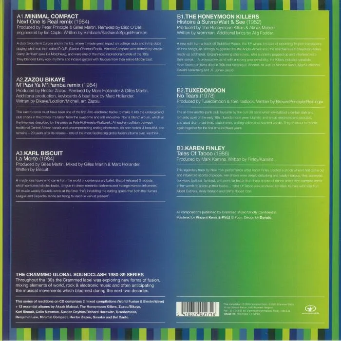 Back cover — MINIMAL COMPACT / ZAZOU BIKAYE / KARL BISCUIT / THE HONEYMOON KILLERS / TUXEDOMOON / KAREN FINLEY — Crammed Global Soundclash 1980-89