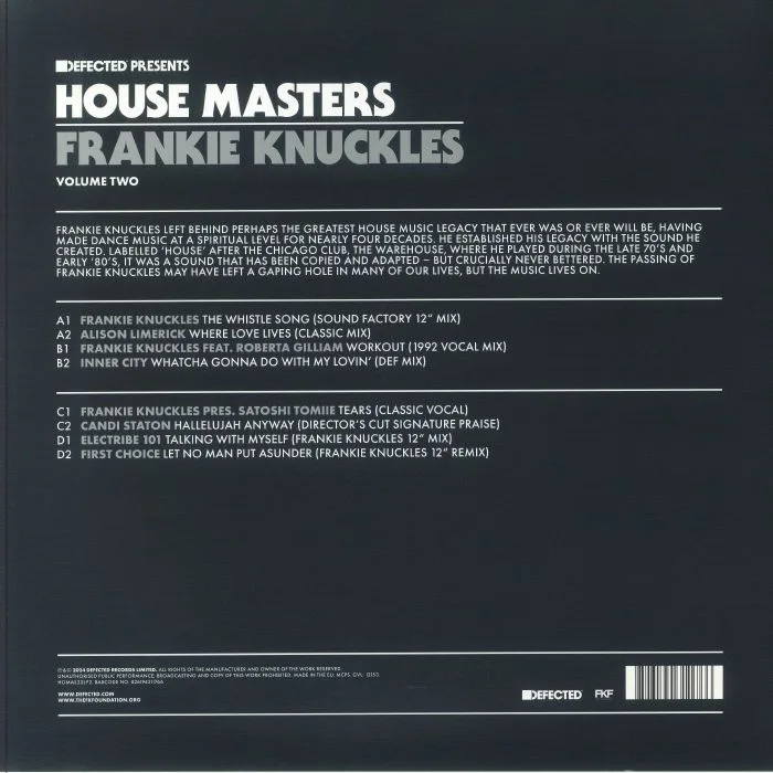Обратная сторона обложки — Various — Defected presents House Masters - Frankie Knuckles - Volume Two (2x12")