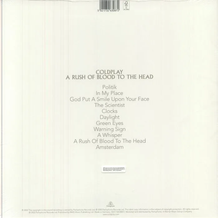 Back cover — COLDPLAY — A Rush Of Blood To The Head