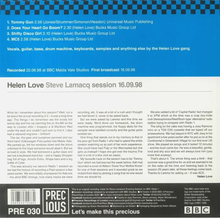 Back cover — HELEN LOVE — Steve Lamacq Session 16 / 09 / 98