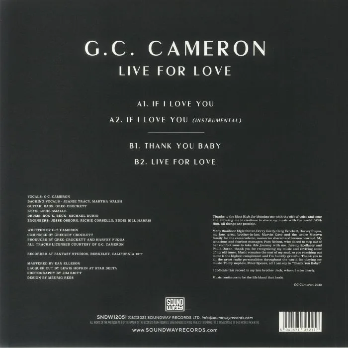 Back cover — GC CAMERON — Live For Love (reissue)