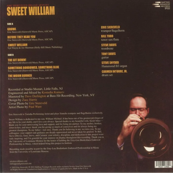Back cover — ERIC SIEREVELD'S ORGANIC QUINTET — Sweet William
