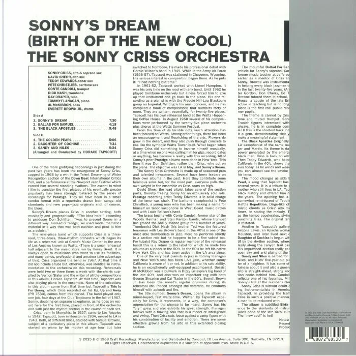 Back cover — The SONNY CRISS ORCHESTRA — Sonny's Dream (Birth Of The New Cool) (Original Jazz Classics Series)