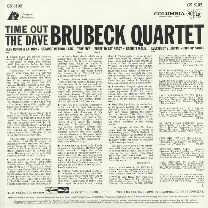 Обратная сторона обложки — The DAVE BRUBECK QUARTET — Time Out (Fantasy 45 Series) (B-STOCK)