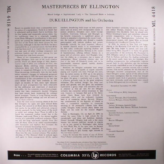 Back cover — Duke ELLINGTON & HIS ORCHESTRA — Masterpieces By Ellington