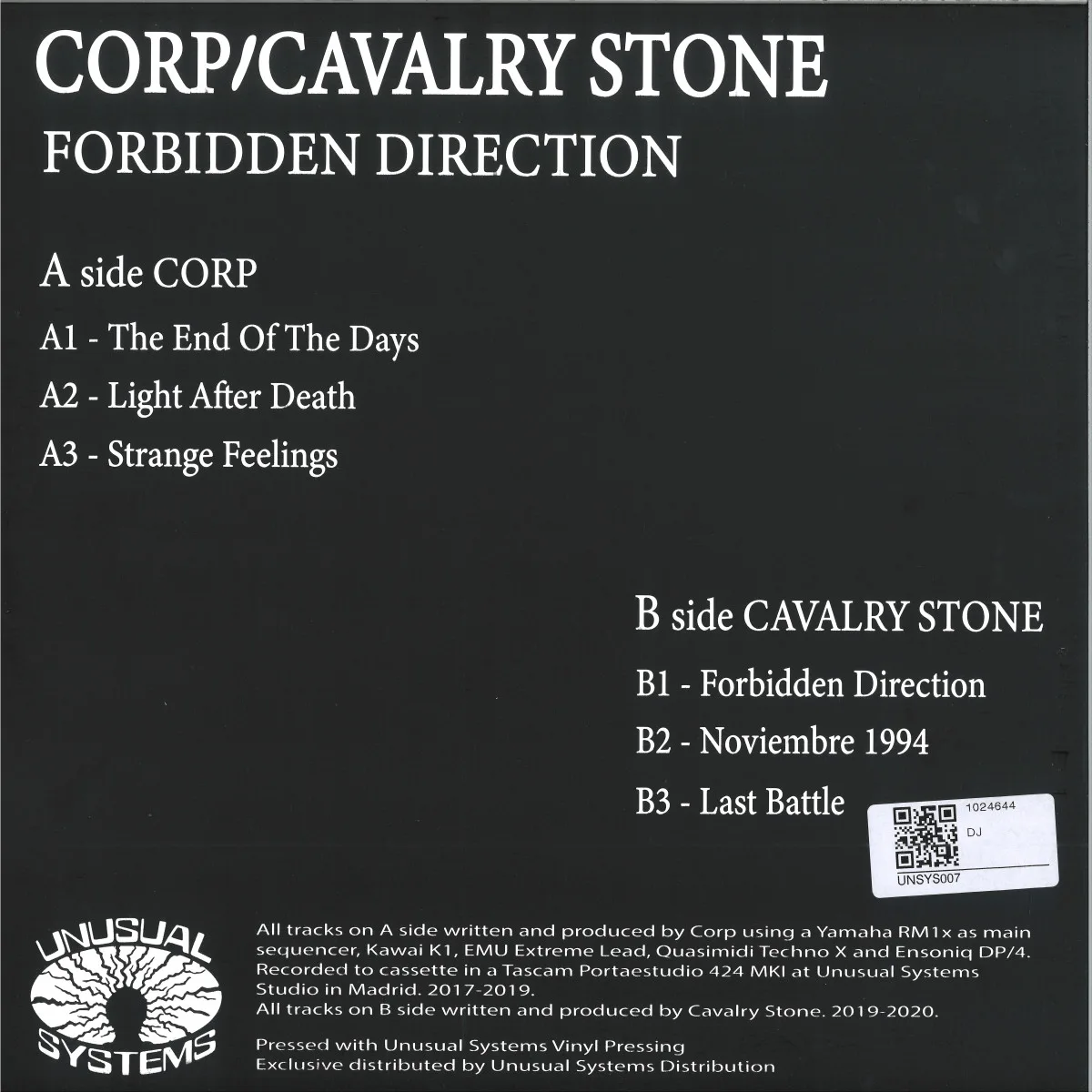 Back cover — Corp/Cavalry Stone — Forbidden Direction LP