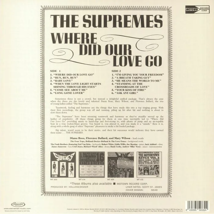 Back cover — The SUPREMES — Where Did Our Love Go (reissue) (Record Store Day RSD Black Friday 2022)