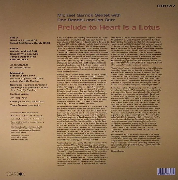 Обратная сторона обложки — MICHAEL GARRICK SEXTET with DON RENDELL / IAN CARR — Prelude To Heart Is A Lotus