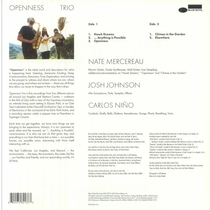 Back cover — Nate MERCEREAU / JOSH JOHNSON / CARLOS NINO — Openness Trio