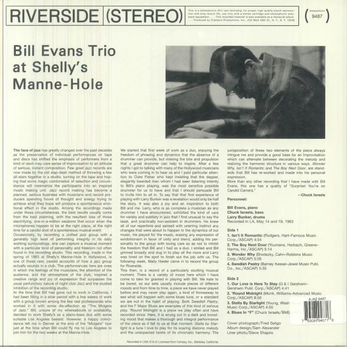 Обратная сторона обложки — BILL EVANS TRIO — At Shelly's Manne Hole (remastered)