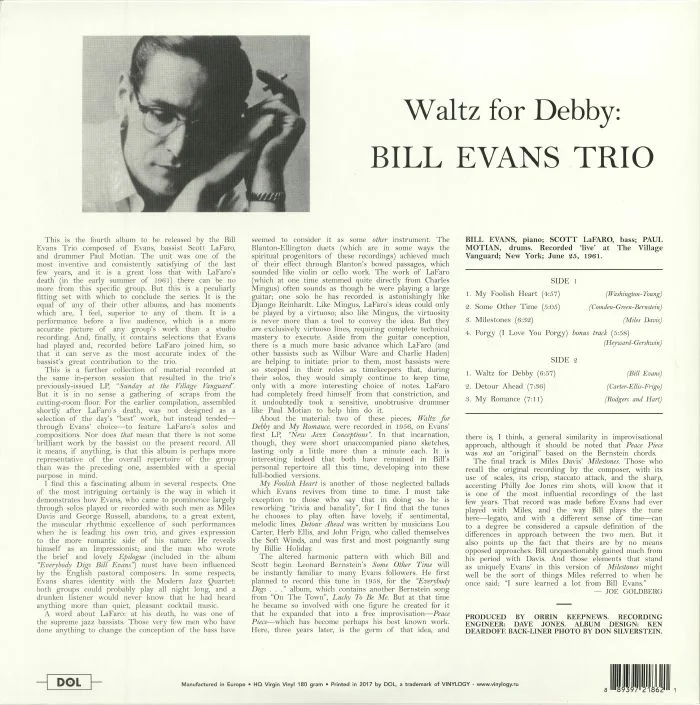 Back cover — BILL EVANS TRIO — Waltz For Debby