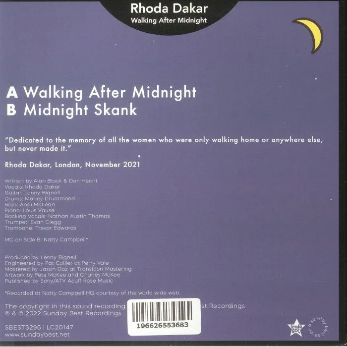 Back cover — Rhoda DAKAR — Walking After Midnight