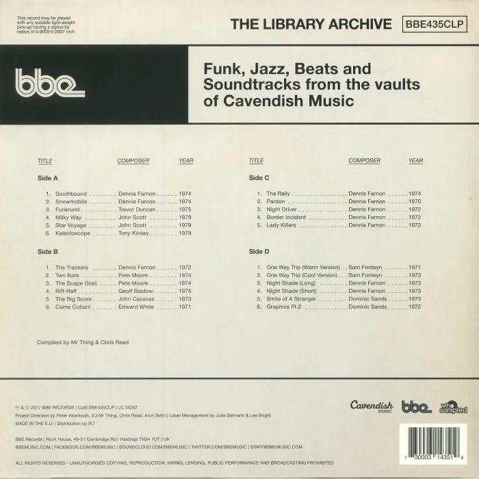 Back cover — MR THING / CHRIS READ / VARIOUS — The Library Archive: Funk Jazz Beats & The Vaults Of Cavendish Music
