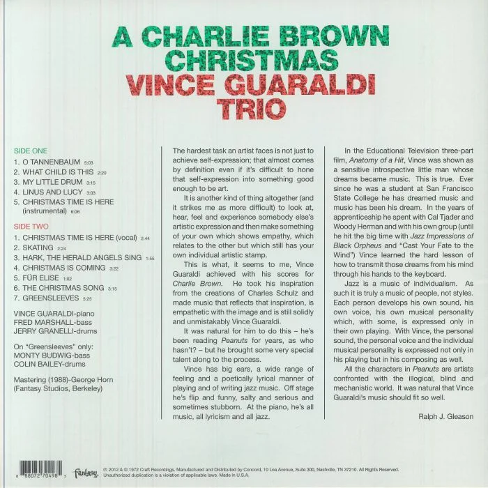 Обратная сторона обложки — VINCE GUARALDI TRIO — A Charlie Brown Christmas (Soundtrack) (60th Anniversary Edition)