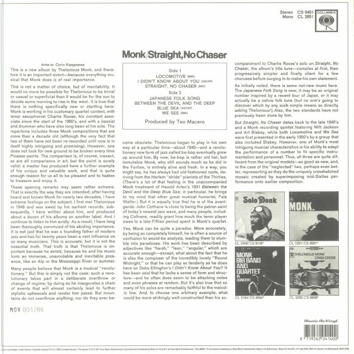 Обратная сторона обложки — Thelonious MONK — Straight No Chaser (reissue)