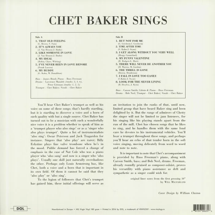 Обратная сторона обложки — Chet BAKER — Sings (reissue)