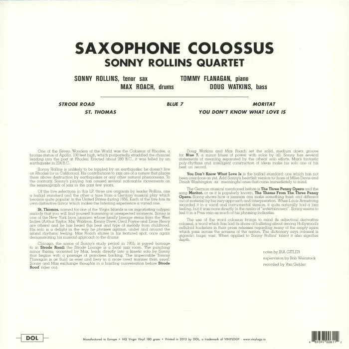 Back cover — SONNY ROLLINS — Saxophone Colossus (reissue)