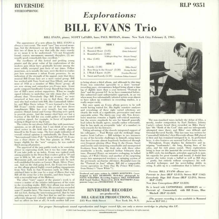 Обратная сторона обложки — BILL EVANS TRIO — Explorations (remastered)