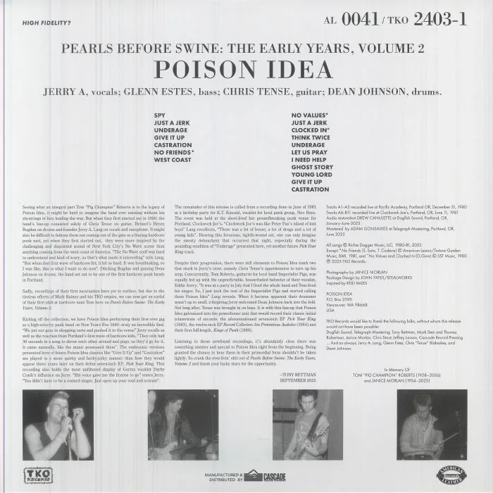 Обратная сторона обложки — POISON IDEA — Pearls Before Swine: The Early Years Vol 2