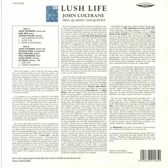 Back cover — John COLTRANE — Lush Life (mono) (reissue)