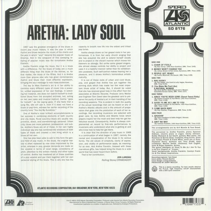 Back cover — Aretha FRANKLIN — Lady Soul (Atlantic 75 series)