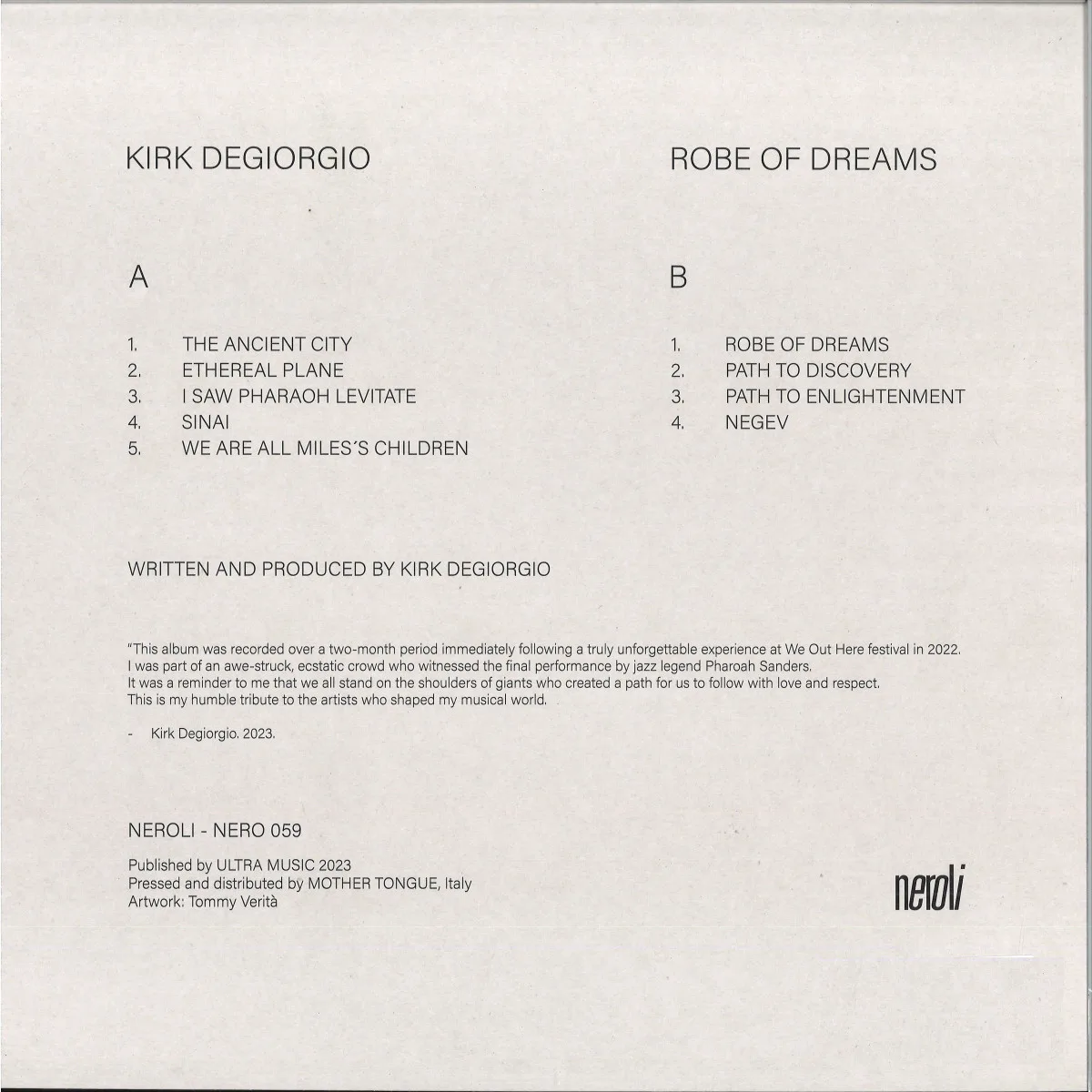 Back cover — Kirk Degiorgio — Robe Of Dreams LP