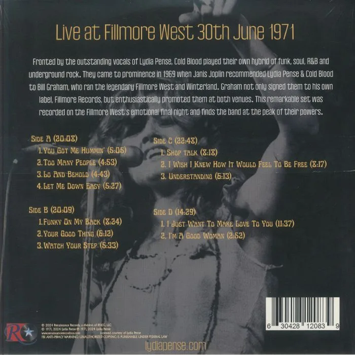 Back cover — Lydia PENSE / COLD BLOOD — Live At Fillmore West 30th June 1971