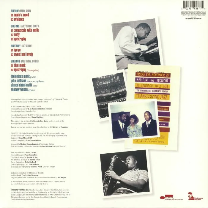 Back cover — THELONIOUS MONK QUARTET / JOHN COLTRANE — At Carnegie Hall (reissue)