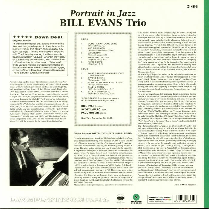 Обратная сторона обложки — BILL EVANS TRIO — Portrait In Jazz (B-STOCK)
