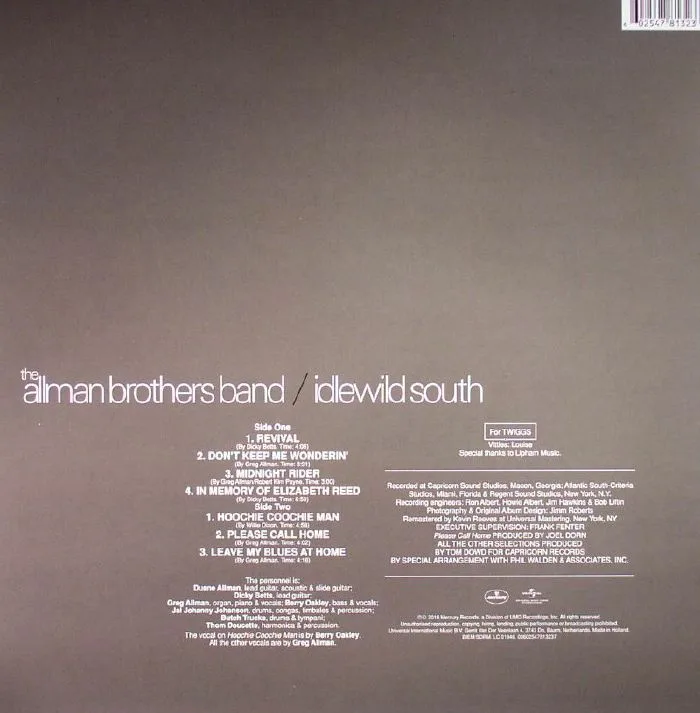 Обратная сторона обложки — The ALLMAN BROTHERS BAND — Idlewild South