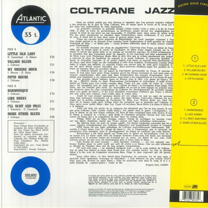 Back cover — John COLTRANE — Coltrane Jazz (mono) (Rhino High Fidelity 65th Anniversary Edition)