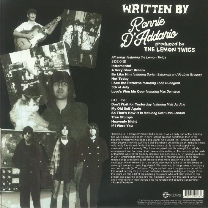 Back cover — Ronnie D'ADDARIO feat THE LEMON TWIGS — Written By Ronnie D'Addario (Record Store Day Black Friday RSD 2025)