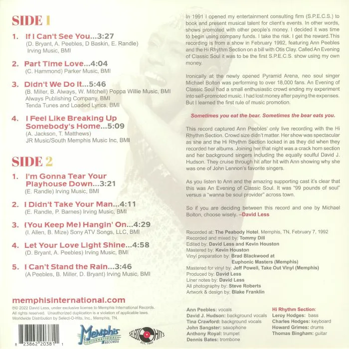 Back cover — Ann PEEBLES / THE HI RHYTHM SECTION — Live In Memphis