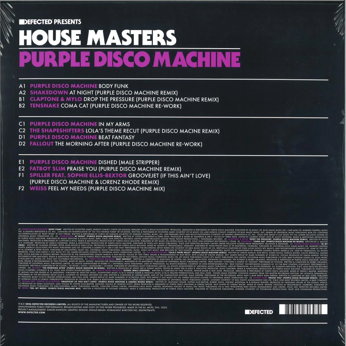 Back cover — Purple Disco Machine — Defected presents House Masters - Purple Disco Machine (3x12")