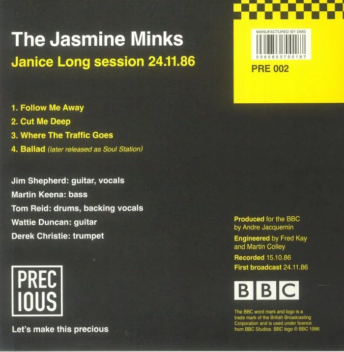 Back cover — The JASMINE MINKS — Janice Long Session 24 / 11 / 86