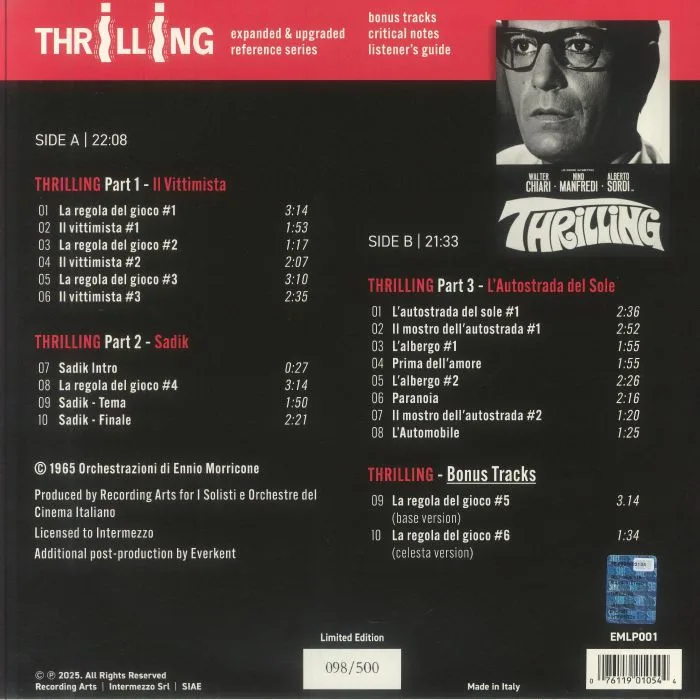 Back cover — Ennio MORRICONE / SOLISTI E ORCHESTRE DEL CINEMA ITALIANO — Thrilling (Soundtrack)